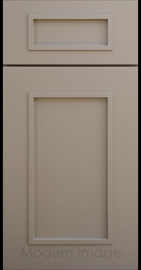 Gilbert cabinet a recessed flat panel and elevated molding in French Grey finish.
